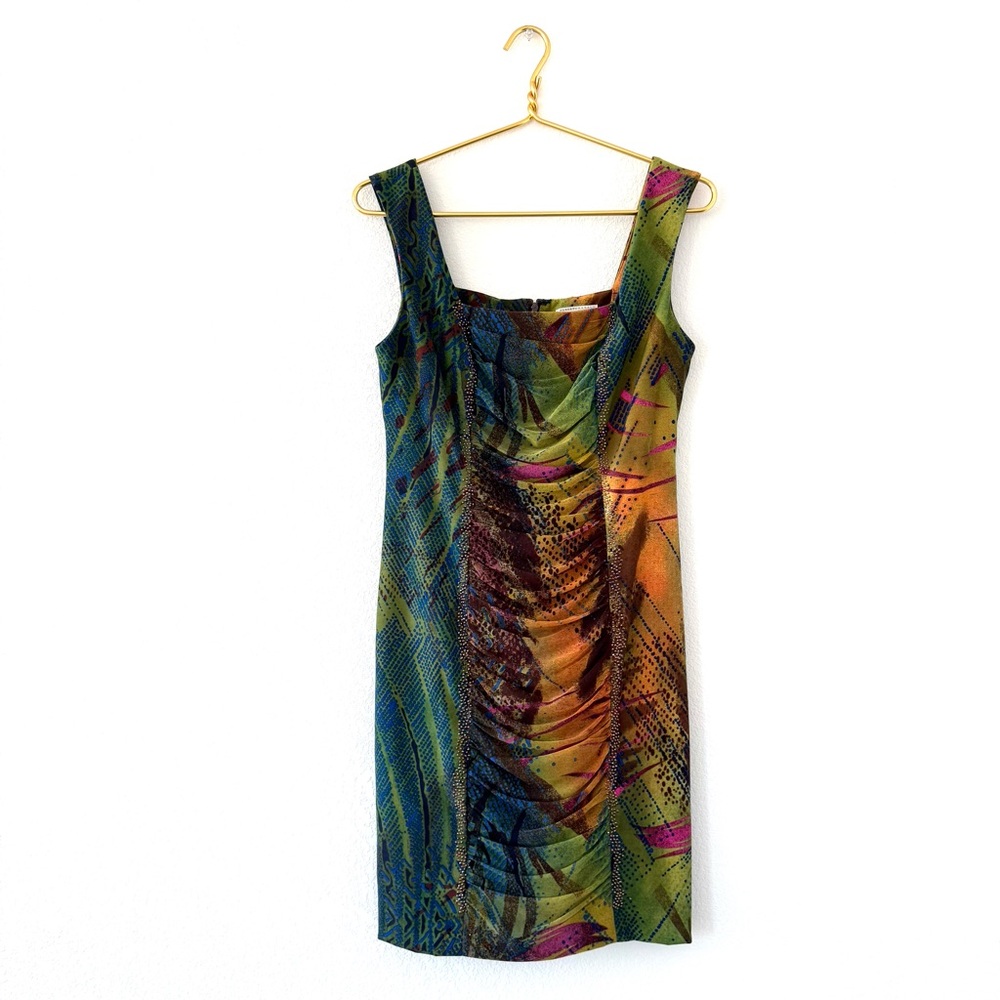 Vintage 90’s Alberto Makali Multicolored Sleeveless Ruched Dress